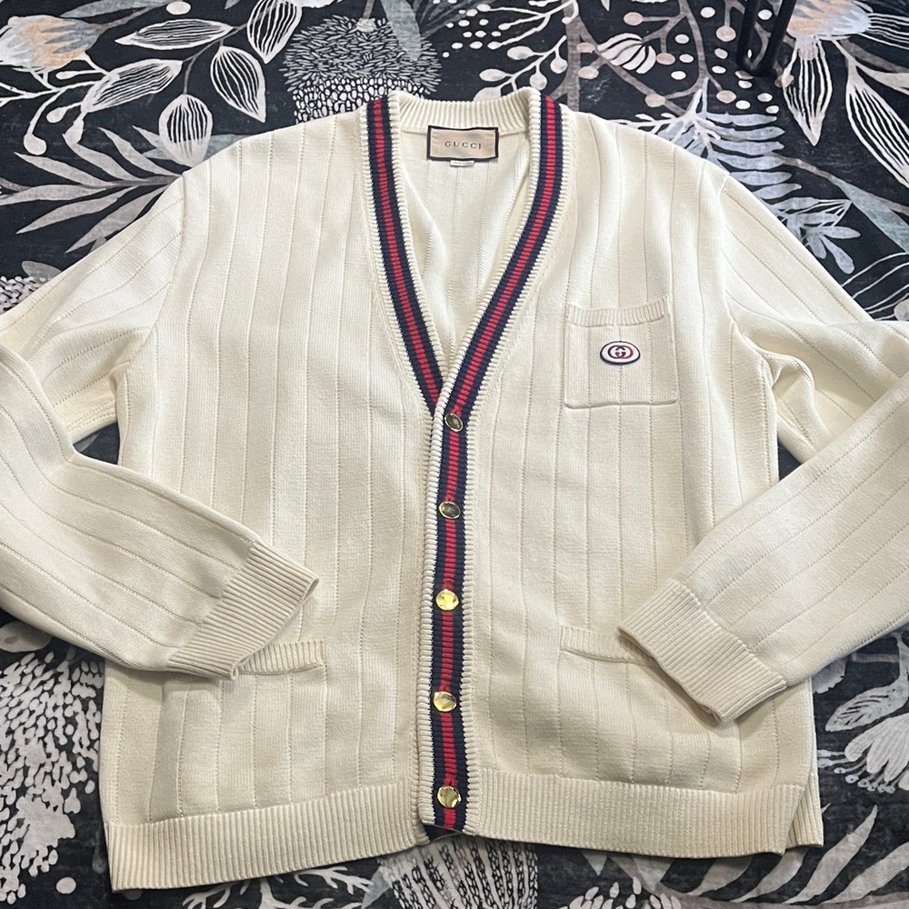 Gucci Cream Cardigan with Red and Blue Trim